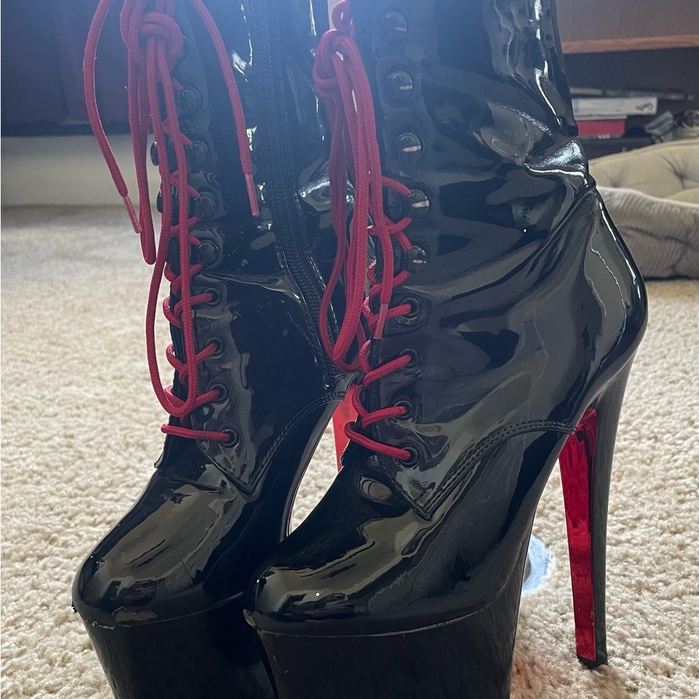 Black/red Size 7 7” Patent Leather Pleaser Boots / Red Bottoms